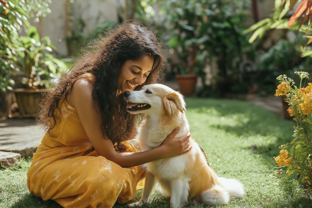 A Woman Is Sitting On The Grass With A Dog