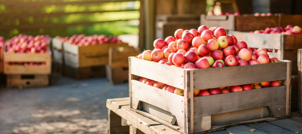 Ripe Organic Apples In A Wooden Boxes On The Background Of An Apple Orchard.